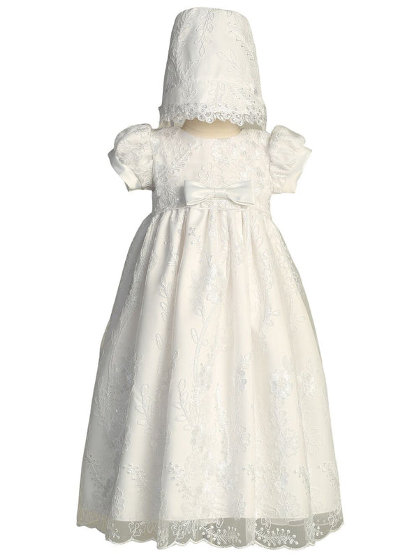 Baby Girls White Embroidered Tulle Sequin Bonnet Grace Christening Gown 0-18M - SophiasStyle.com